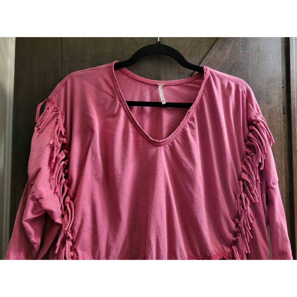 Free People Mixed Media Fringe V-Neck‎ Top Pink Burgundy Boho XS - Picture 2 of 14
